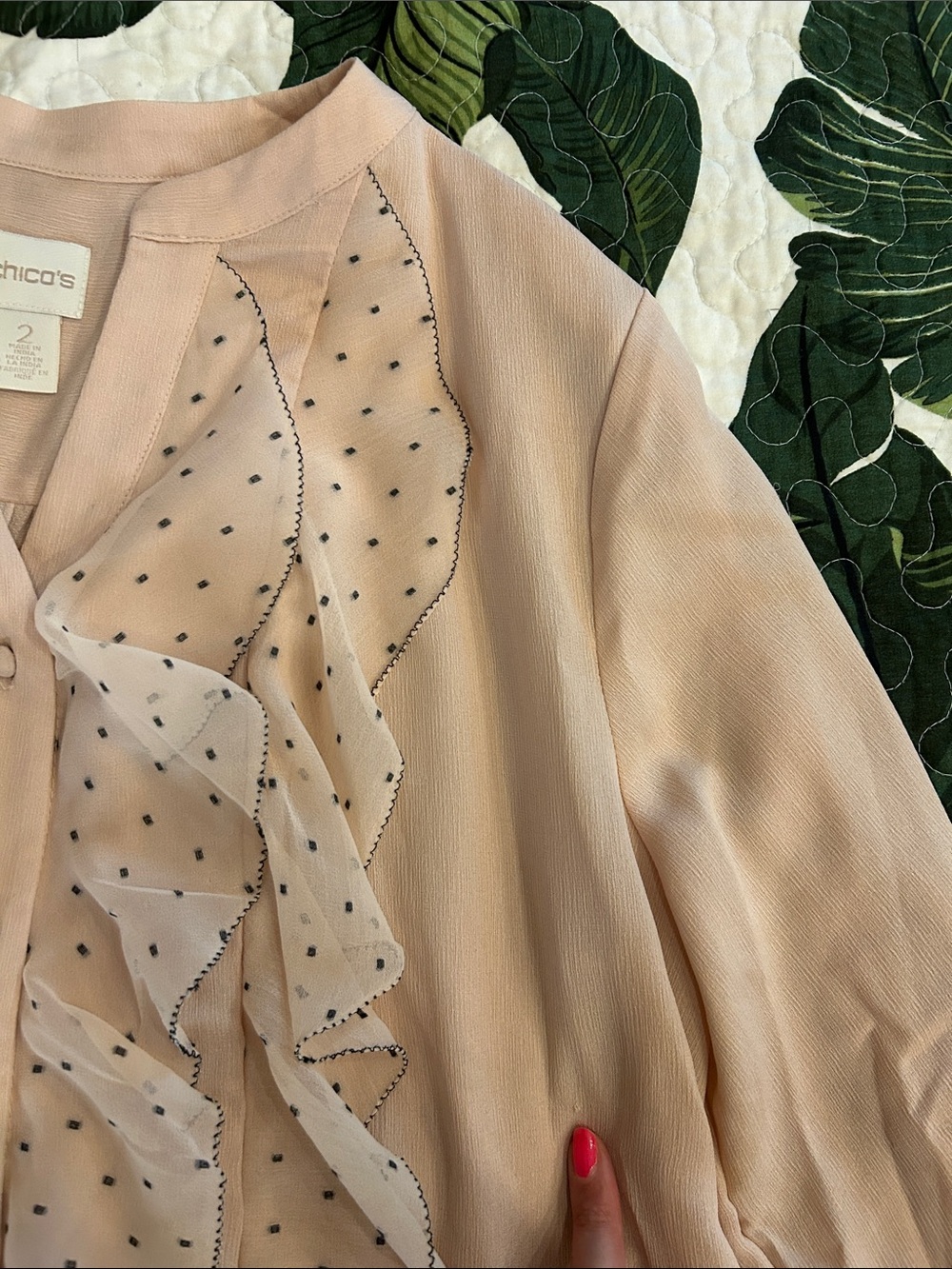 Chico's Blush Beige/Peach Ruffle Button-Front Top - Picture 5 of 9